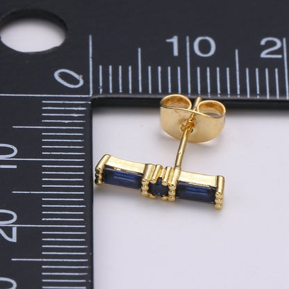 24K Gold Filled Blue / Fuchsia Baguette CZ Stud Earrings | Q-498 Q-499