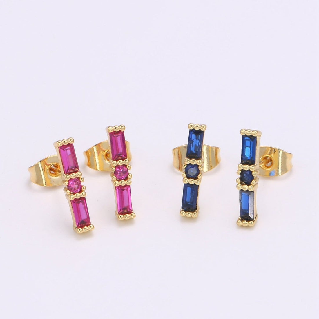 24K Gold Filled Blue / Fuchsia Baguette CZ Stud Earrings | Q-498 Q-499