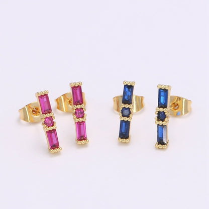 24K Gold Filled Blue / Fuchsia Baguette CZ Stud Earrings | Q-498 Q-499