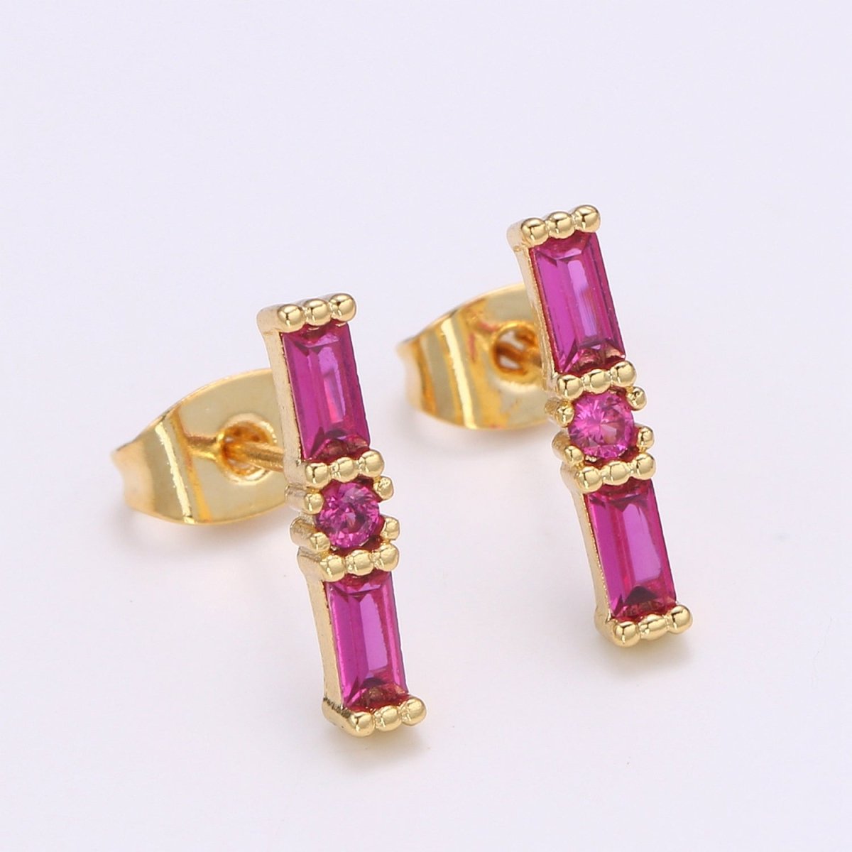 24K Gold Filled Blue / Fuchsia Baguette CZ Stud Earrings | Q-498 Q-499