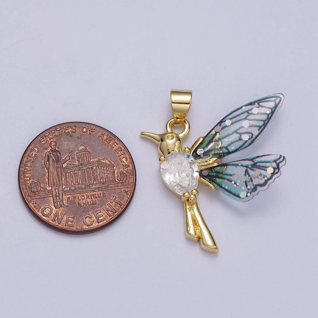 24K Gold Filled Blue, Fuchsia Hummingbird Fairy Wings Teardrop CZ Pendant I-152