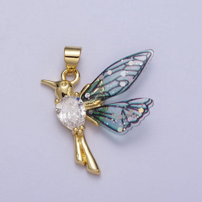 24K Gold Filled Blue, Fuchsia Hummingbird Fairy Wings Teardrop CZ Pendant I-152