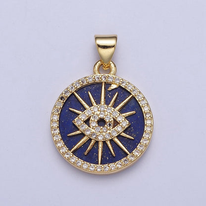 24K Gold Filled Blue Lapiz Sunray Evil Eye Round Medallion Pendant, Micro Pave Protection Pendant For Jewelry Making X-425