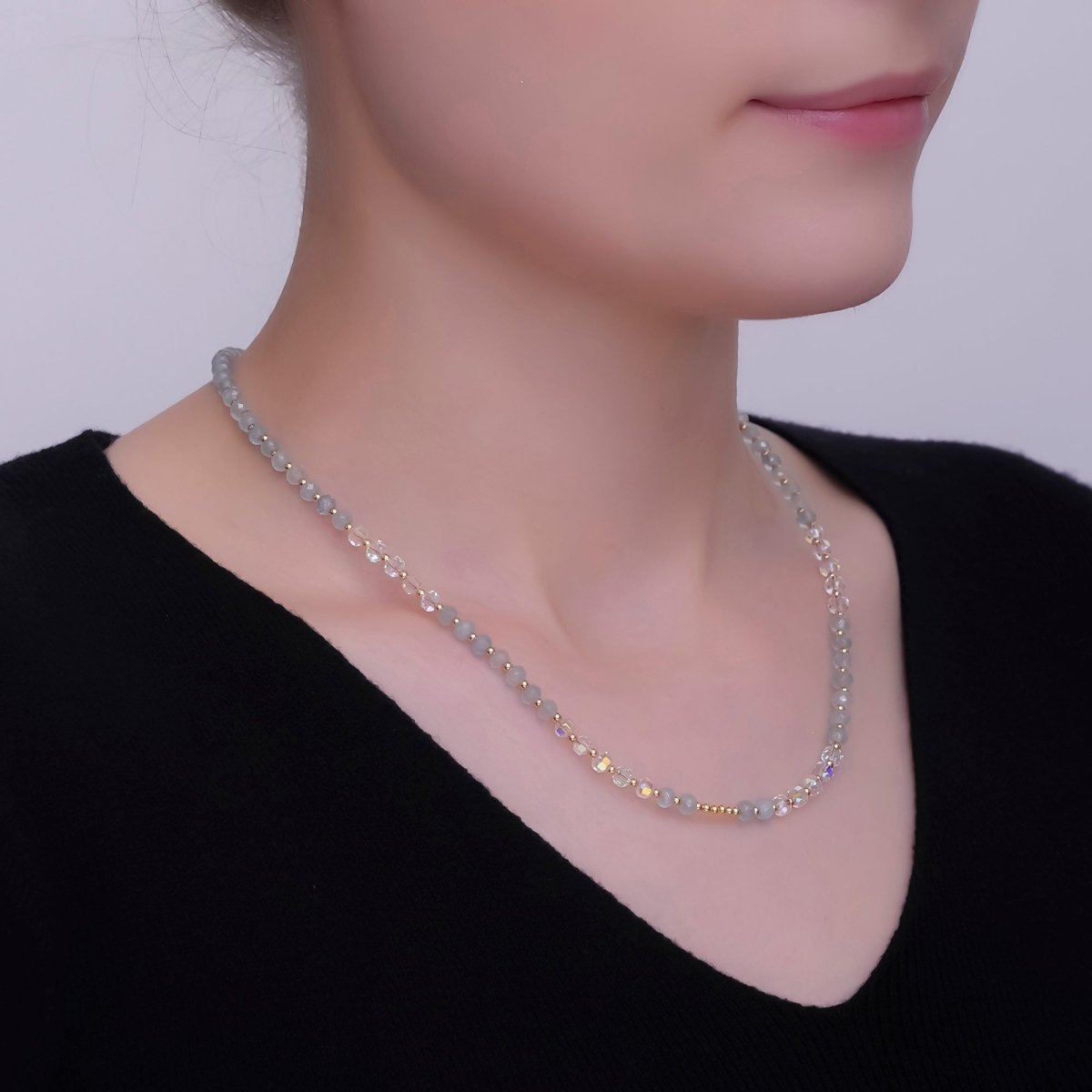 24K Gold Filled Blue Multicolor AB Crystal Gemstone Bead 17 Inch Necklace | WA-2869