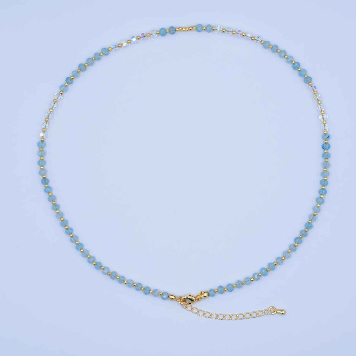 24K Gold Filled Blue Multicolor AB Crystal Gemstone Bead 17 Inch Necklace | WA-2869