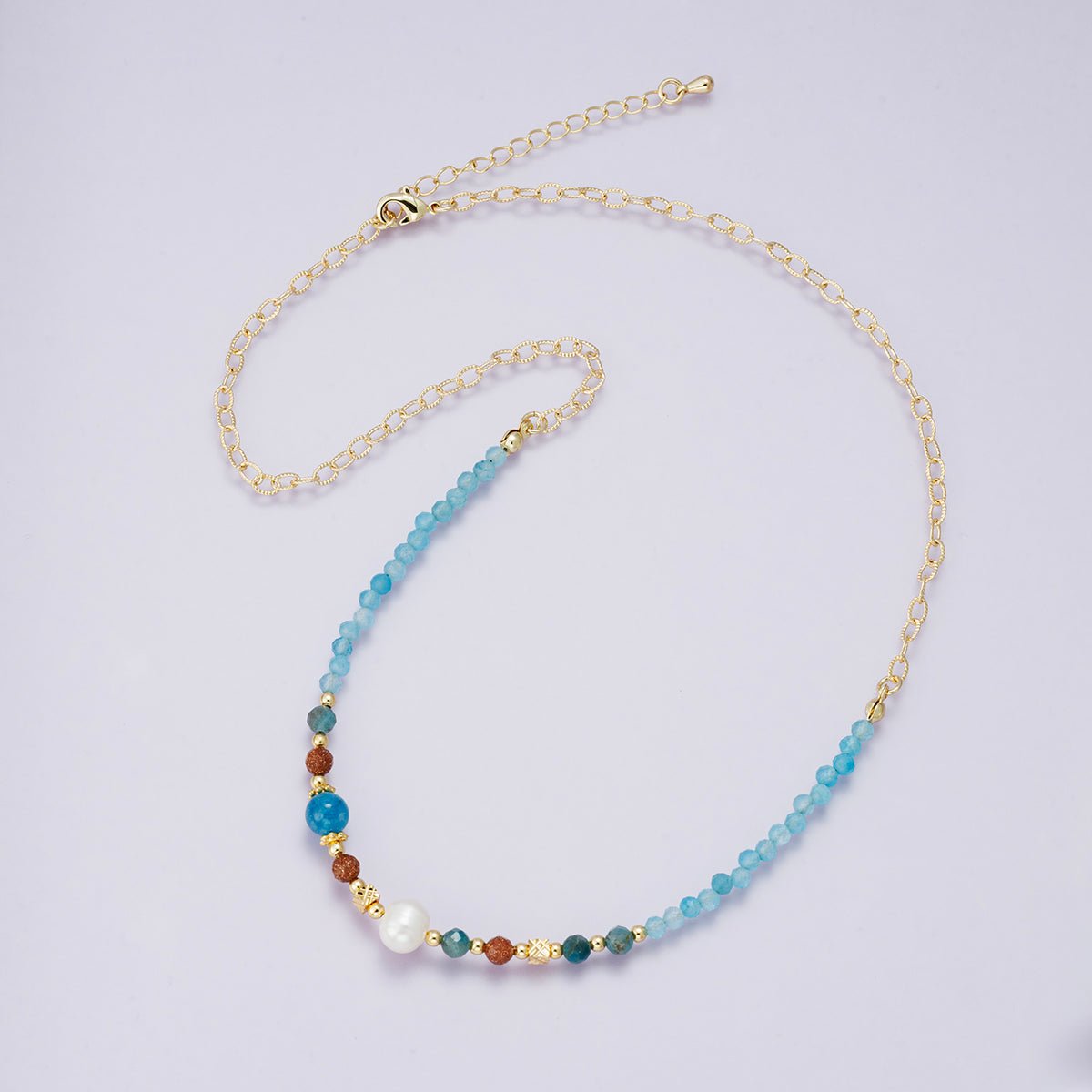 24K Gold Filled Blue Multifaceted Gemstone Ball Cable Chain Half 18 Inch Necklace w. Extender | WA-04232