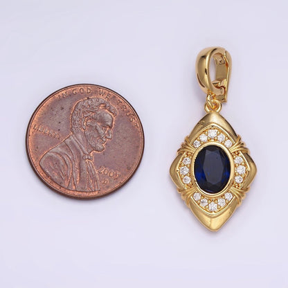 24K Gold Filled Blue Oval CZ Micro Paved CZ Tied Rhombus Interchangeable Snap Bail Pendant | AA568