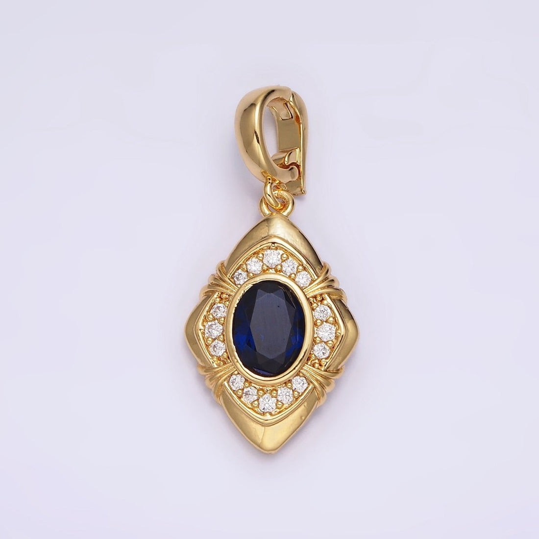 24K Gold Filled Blue Oval CZ Micro Paved CZ Tied Rhombus Interchangeable Snap Bail Pendant | AA568