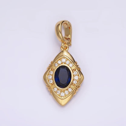 24K Gold Filled Blue Oval CZ Micro Paved CZ Tied Rhombus Interchangeable Snap Bail Pendant | AA568