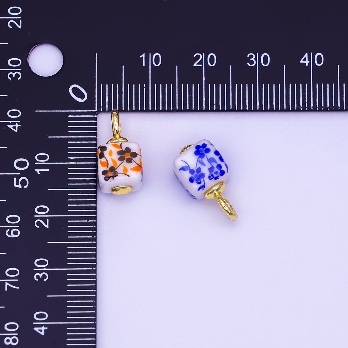 24K Gold Filled Blue, Pink, Brown, Red Daisy Flower Cube Ceramic Drop Pendant | E648 E704