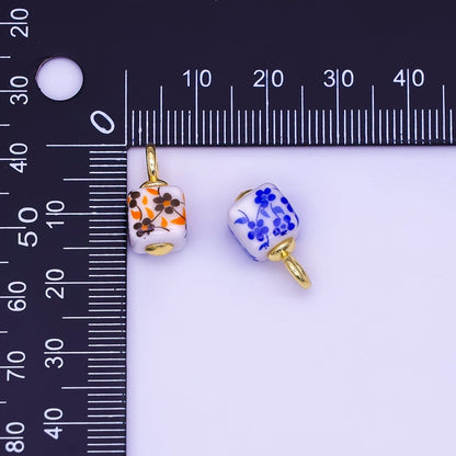 24K Gold Filled Blue, Pink, Brown, Red Daisy Flower Cube Ceramic Drop Pendant | E648 E704