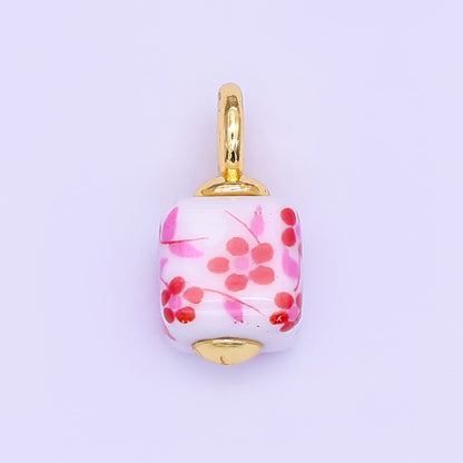 24K Gold Filled Blue, Pink, Brown, Red Daisy Flower Cube Ceramic Drop Pendant | E648 E704
