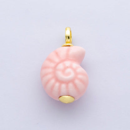 24K Gold Filled Blue, Pink Nautilus Clam Sea Shell Ceramic Drop Charm | N081