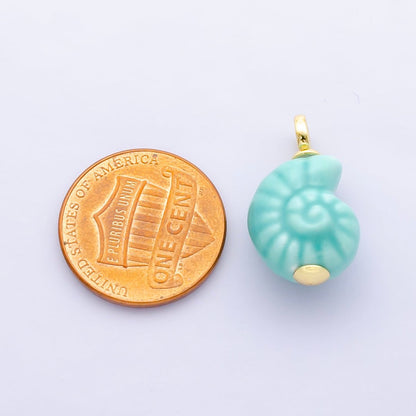 24K Gold Filled Blue, Pink Nautilus Clam Sea Shell Ceramic Drop Charm | N081