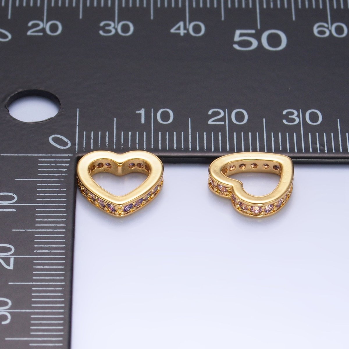 24K Gold Filled Blue, Purple, Clear, Turquoise, Pink Micro Paved CZ Heart Rhondelle Bead | B087 - B089