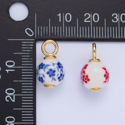 24K Gold Filled Blue, Red Flowers Ceramic Drop Charm | W123