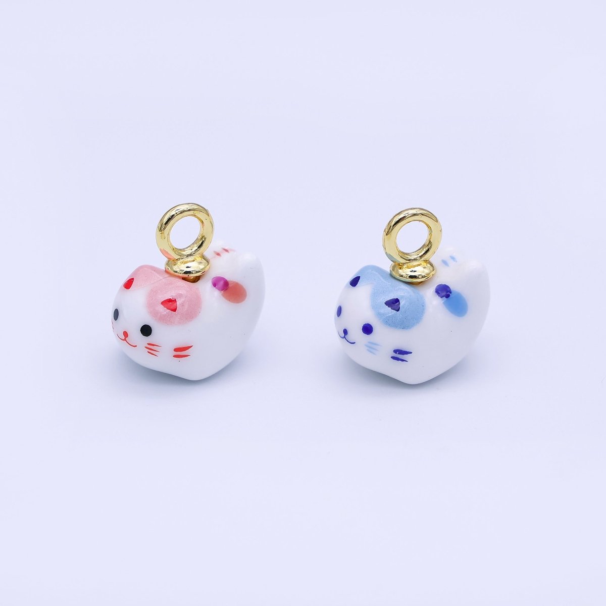 24K Gold Filled Blue, Red Kitten Cat Pet Ceramic Drop Pendant | N132