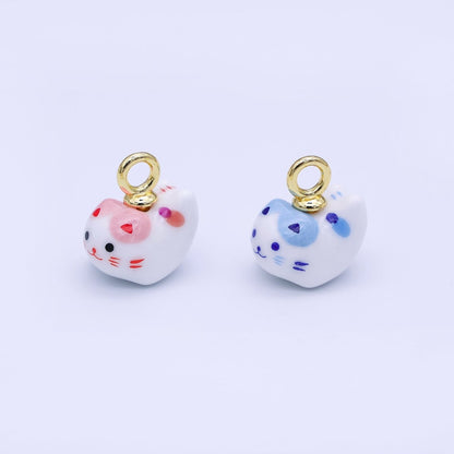 24K Gold Filled Blue, Red Kitten Cat Pet Ceramic Drop Pendant | N132