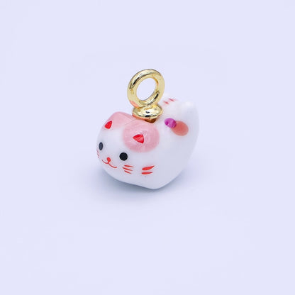 24K Gold Filled Blue, Red Kitten Cat Pet Ceramic Drop Pendant | N132