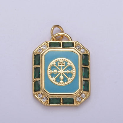 24K Gold Filled Blue / Teal Enamel  Tag Tile Compass Baguette Octagonal Charm E-774 N-746
