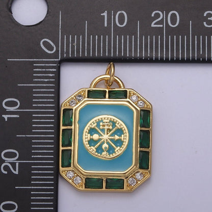 24K Gold Filled Blue / Teal Enamel  Tag Tile Compass Baguette Octagonal Charm E-774 N-746