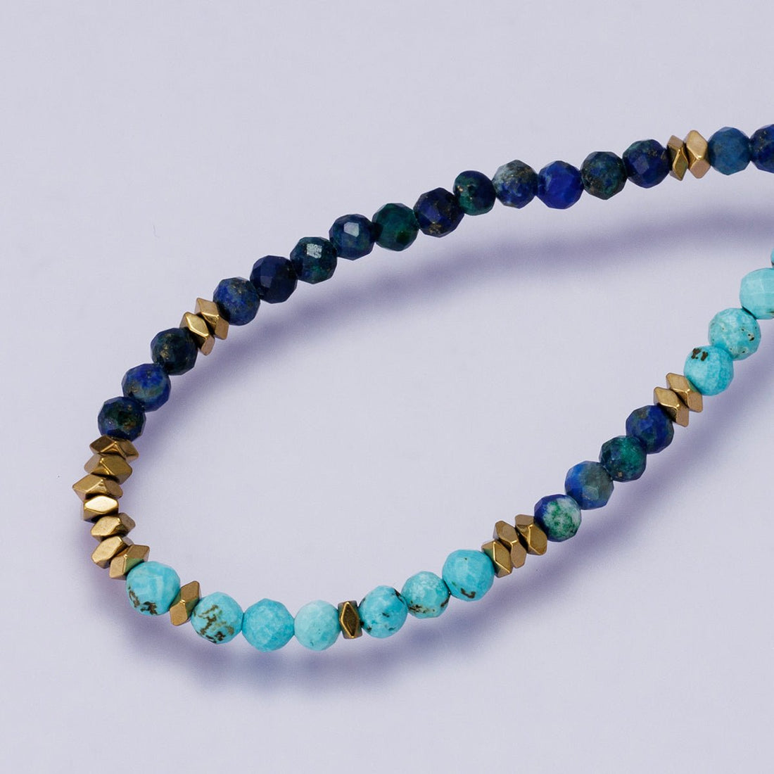 24K Gold Filled Blue Turquoise Lapis Lazuli Multifaceted Gemstone Cable Chain Half 18 Inch Necklace w. Extender | WA-04229