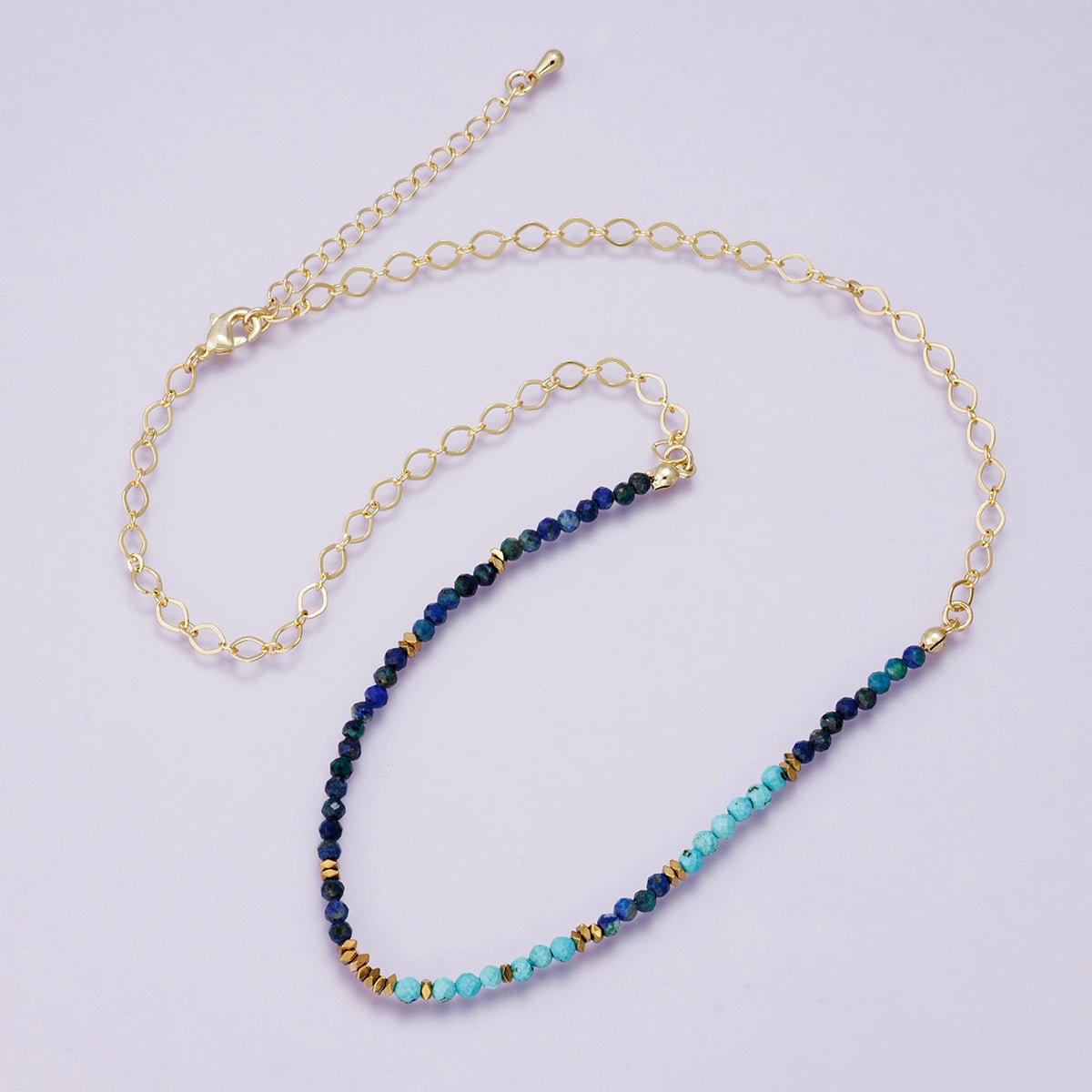 24K Gold Filled Blue Turquoise Lapis Lazuli Multifaceted Gemstone Cable Chain Half 18 Inch Necklace w. Extender | WA-04229