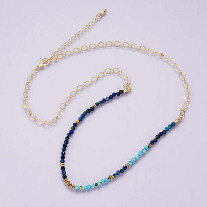 24K Gold Filled Blue Turquoise Lapis Lazuli Multifaceted Gemstone Cable Chain Half 18 Inch Necklace w. Extender | WA-04229