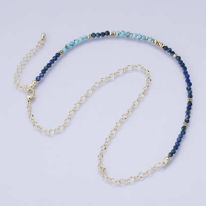 24K Gold Filled Blue Turquoise Lapis Lazuli Multifaceted Gemstone Figaro Chain Half 16 Inch Necklace w. Extender | WA-04203