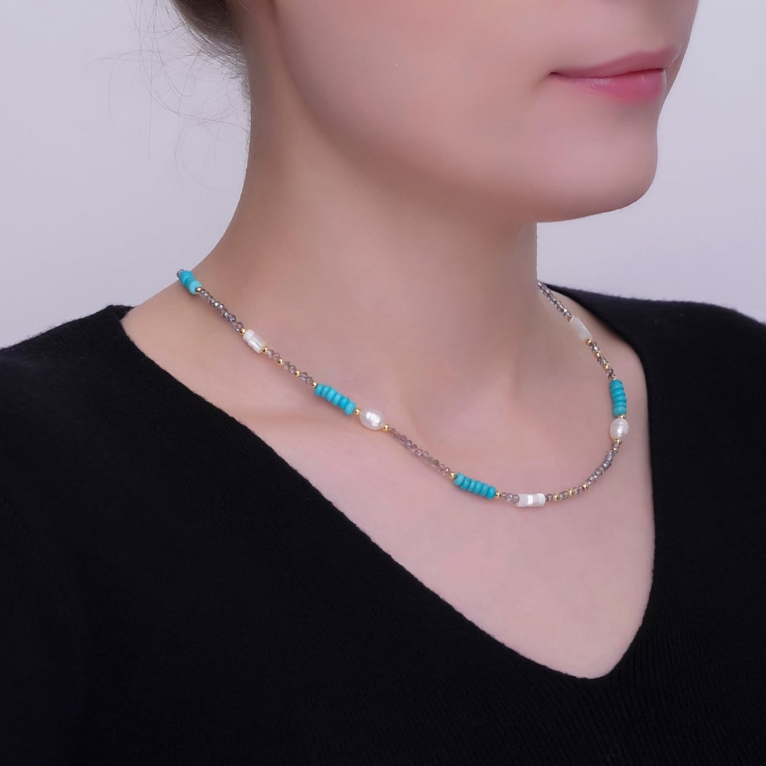 24K Gold Filled Blue Turquoise Shell Pearl Gemstone Bead 17 Inch Necklace | WA-2963