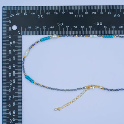 24K Gold Filled Blue Turquoise Shell Pearl Gemstone Bead 17 Inch Necklace | WA-2963
