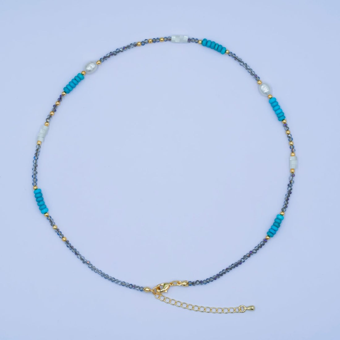 24K Gold Filled Blue Turquoise Shell Pearl Gemstone Bead 17 Inch Necklace | WA-2963