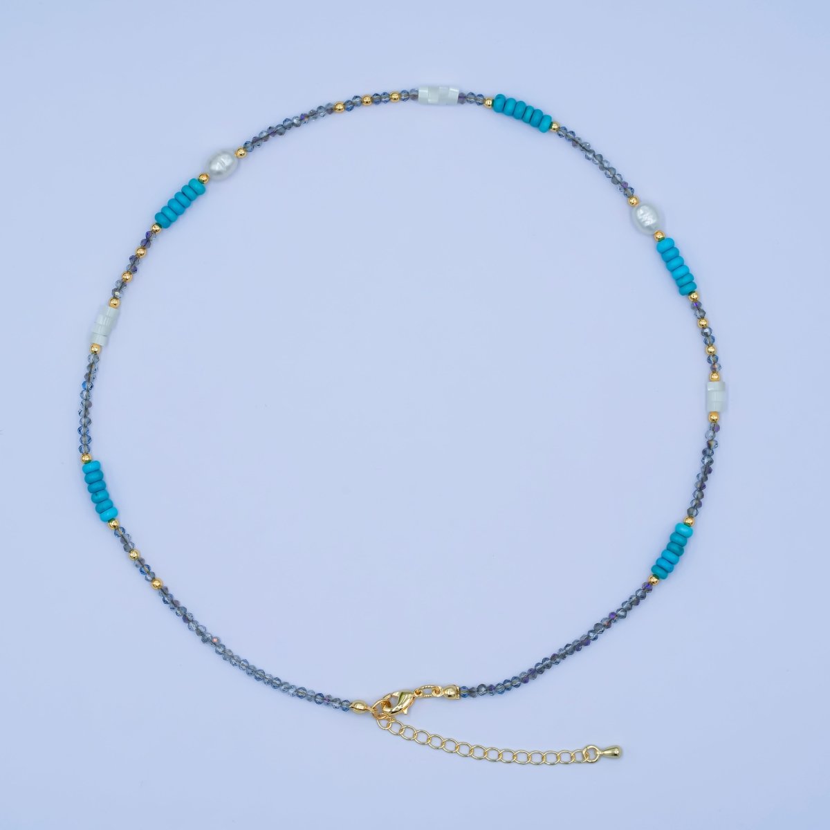 24K Gold Filled Blue Turquoise Shell Pearl Gemstone Bead 17 Inch Necklace | WA-2963