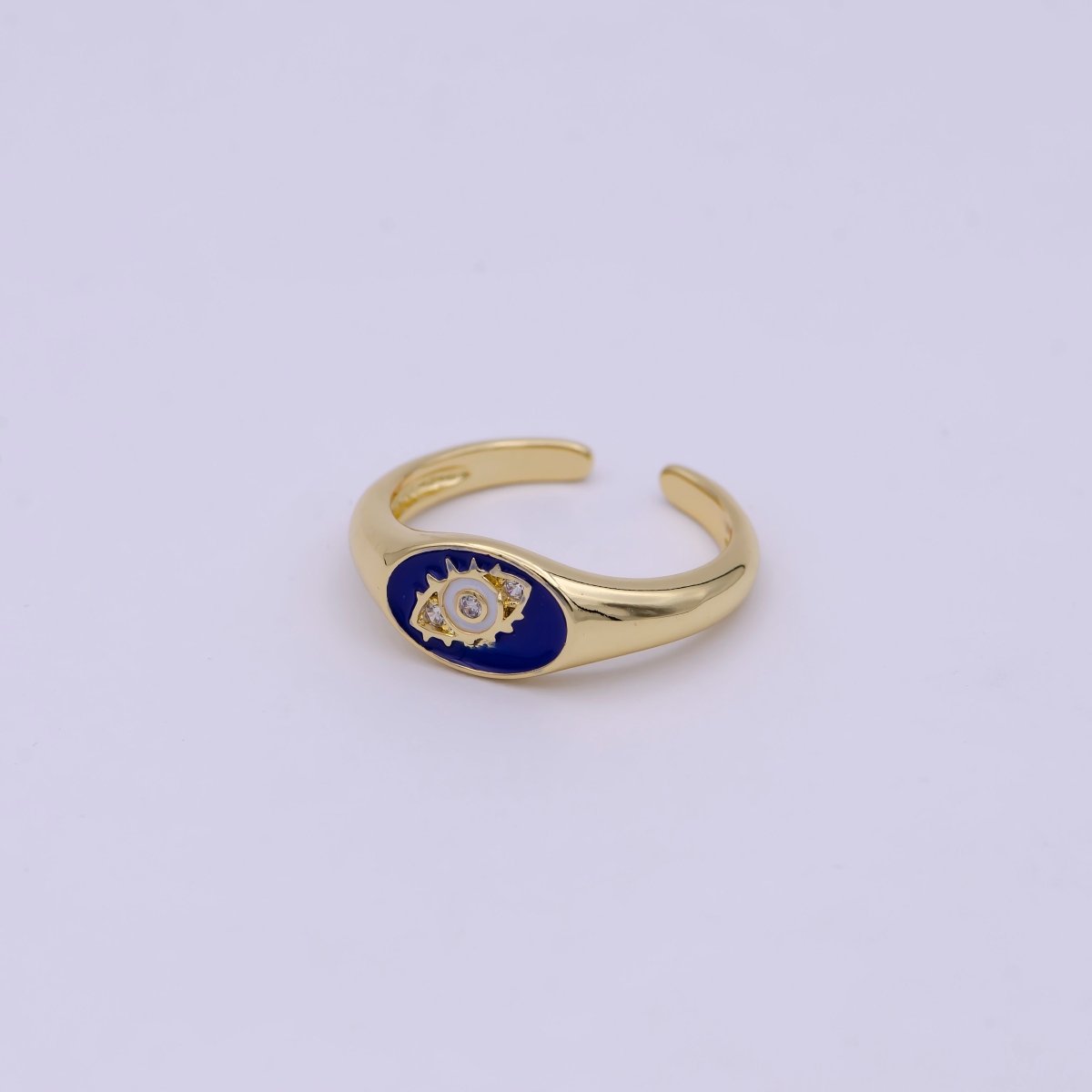 24K Gold Filled Blue, White, Black Enamel CZ Evil Eye Signet Ring | U401 - U403