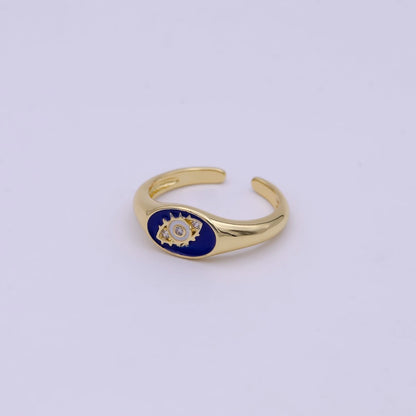 24K Gold Filled Blue, White, Black Enamel CZ Evil Eye Signet Ring | U401 - U403