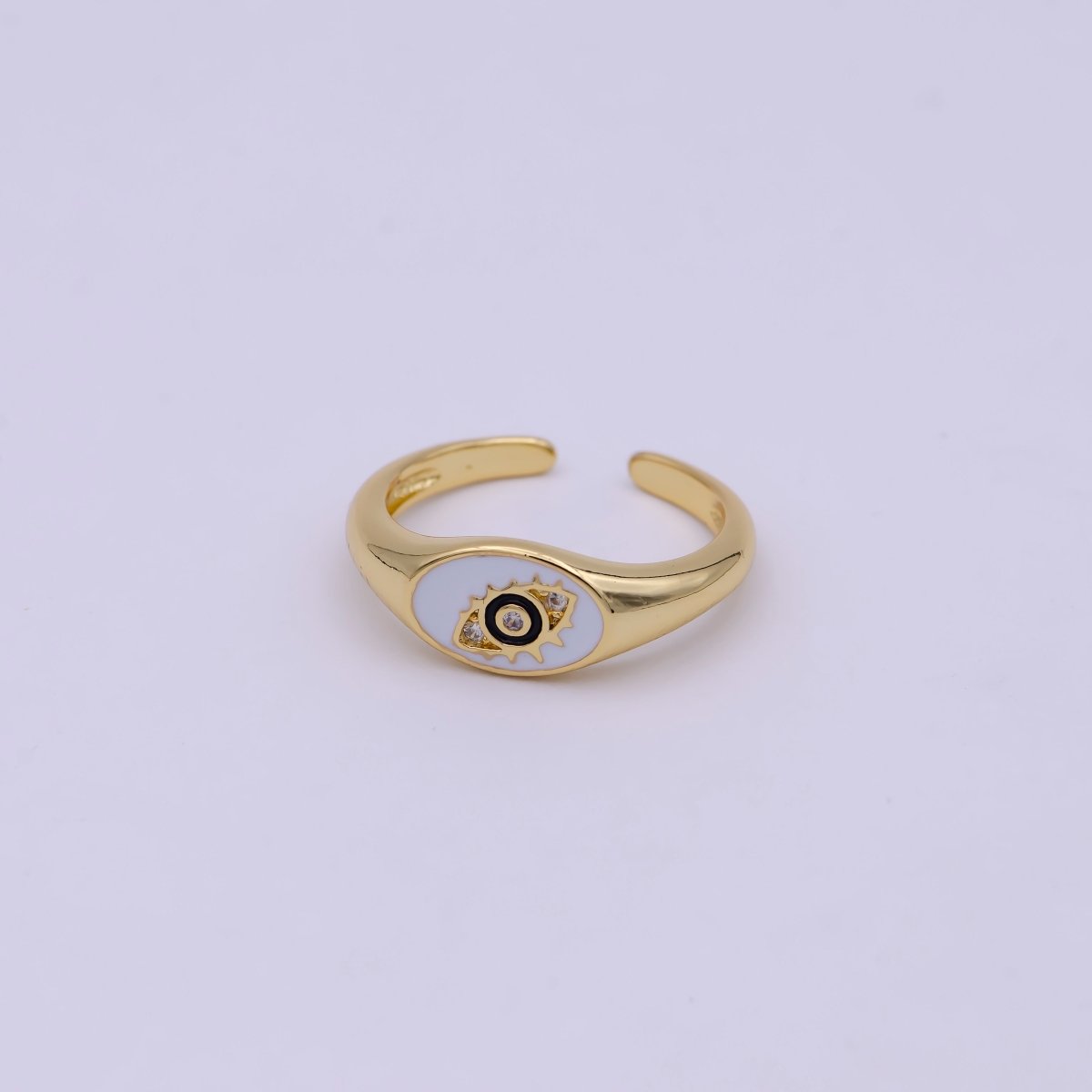 24K Gold Filled Blue, White, Black Enamel CZ Evil Eye Signet Ring | U401 - U403