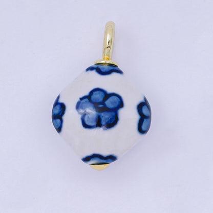 24K Gold Filled Blue-White Flower Geometric Porcelain Ceramic Drop Charm | AF1282