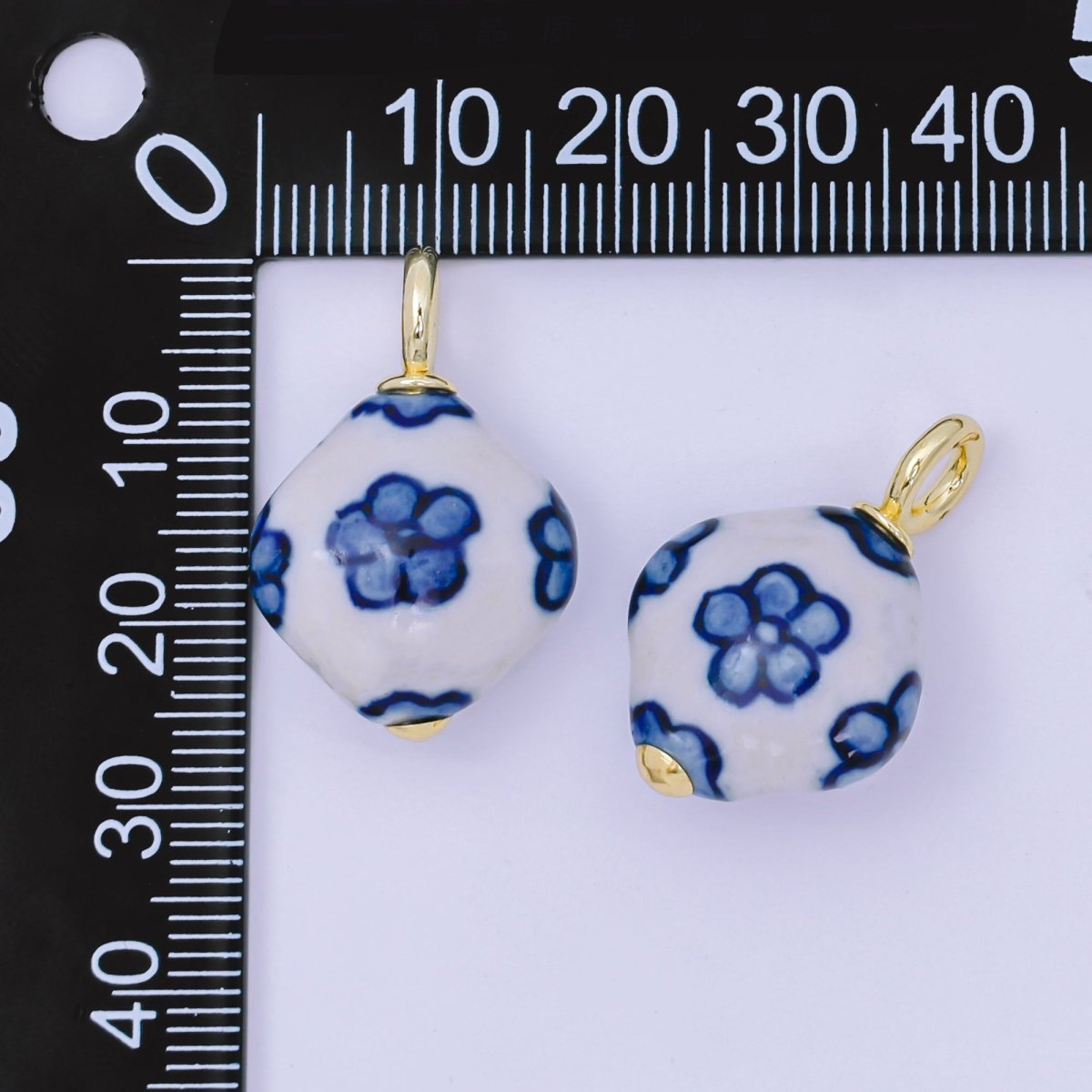 24K Gold Filled Blue-White Flower Geometric Porcelain Ceramic Drop Charm | AF1282
