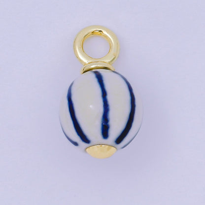 24K Gold Filled Blue-White Stripes Porcelain Ceramic Oblong Drop Charm | AF1279