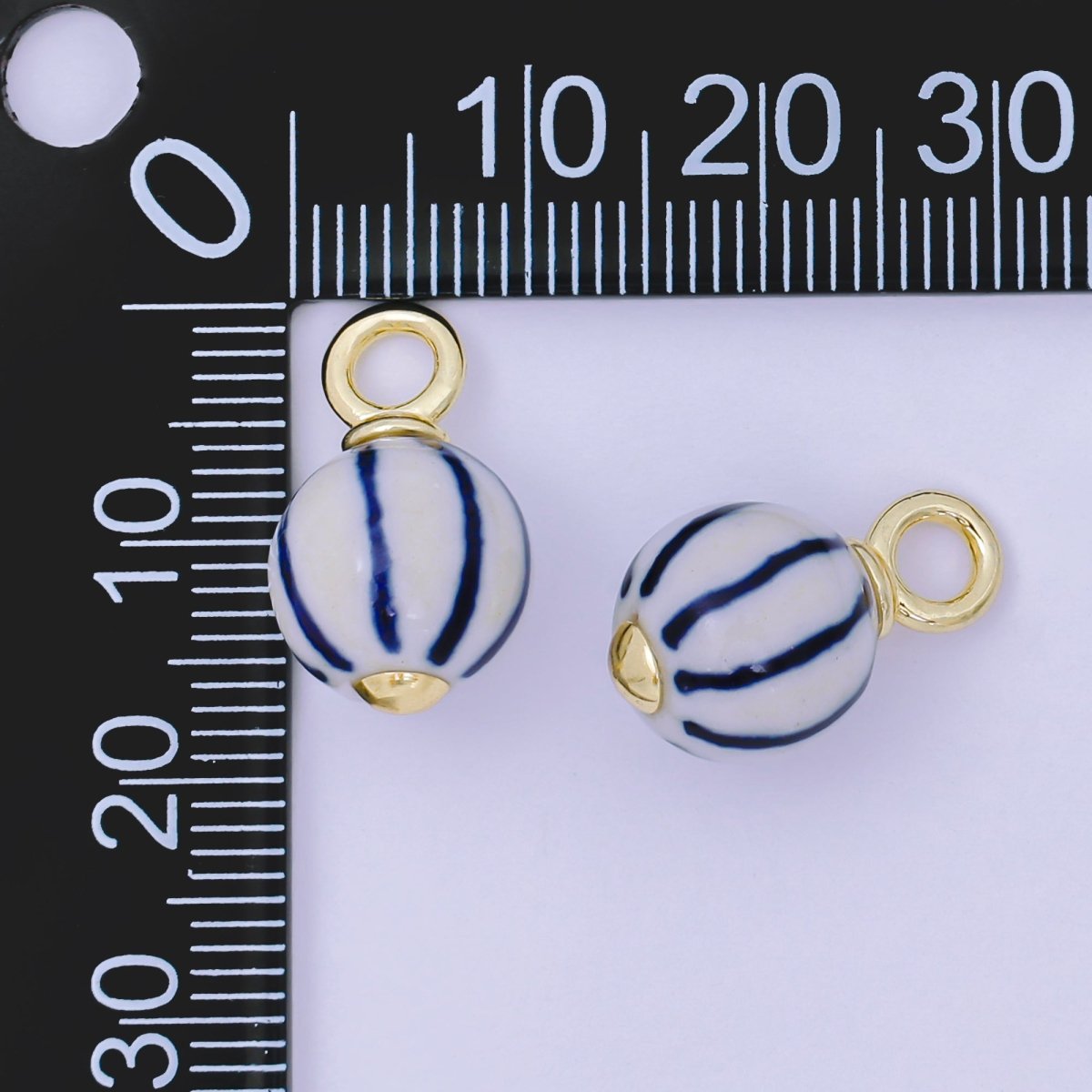24K Gold Filled Blue-White Stripes Porcelain Ceramic Oblong Drop Charm | AF1279