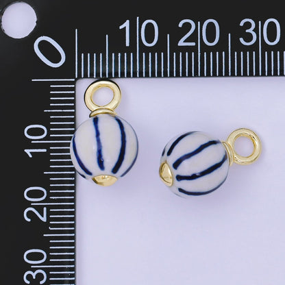 24K Gold Filled Blue-White Stripes Porcelain Ceramic Oblong Drop Charm | AF1279
