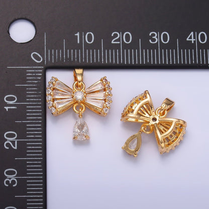 24K Gold Filled Bow Ribbon Teardrop Baguette CZ Micro Paved Drop Pendant | AA1436