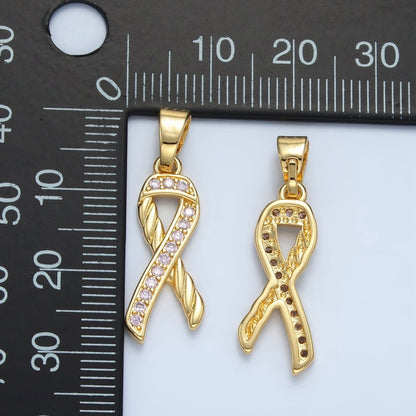 24K Gold Filled Breast Cancer Awareness Ribbon Pink Micro Paved CZ Pendant | I499