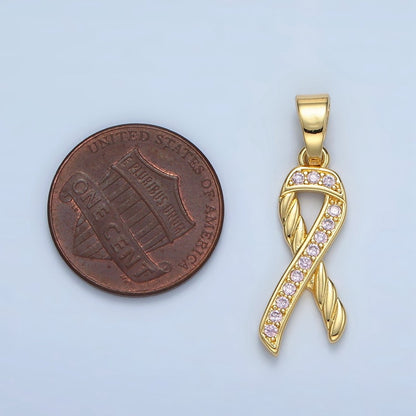 24K Gold Filled Breast Cancer Awareness Ribbon Pink Micro Paved CZ Pendant | I499