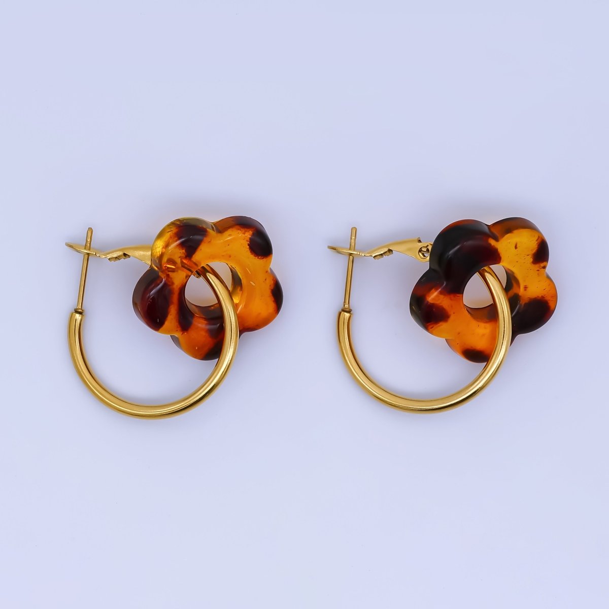 24K Gold Filled Brown-Black Resin Flower 23mm C-Shaped Hinge Hoop Earring | AI539