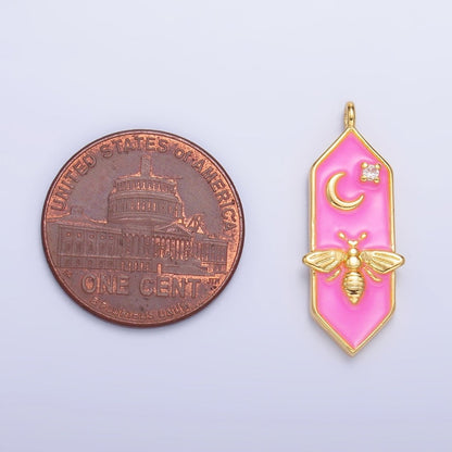 24K Gold Filled Bumble Bee Celestial Moon CZ Pink Enamel Hexagon Charm | W433