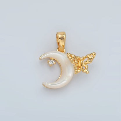 24K Gold Filled Butterfly Celestial Crescent Moon Shell Pearl Pendant | H691