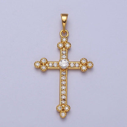 24K Gold Filled Buttony Cross Micro Paved Clear CZ Religious Pendant H-456