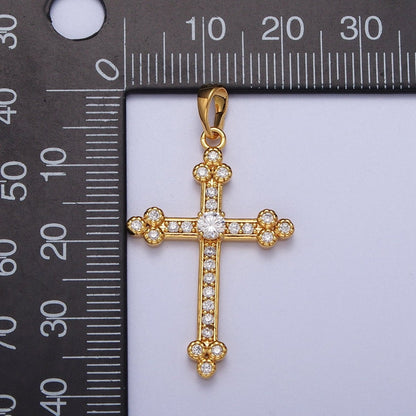 24K Gold Filled Buttony Cross Micro Paved Clear CZ Religious Pendant H-456