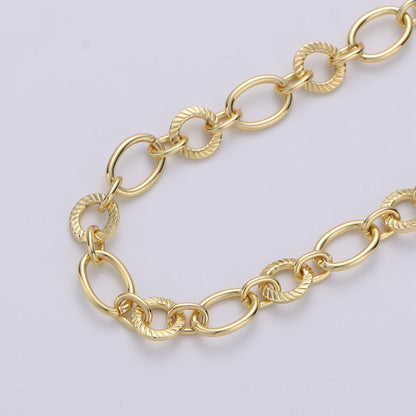 24K Gold Plated Cable Rolo Chain - Oval and Textured Cable Rolo Chain, Unfinished Chain By Yard | ROLL-301 Clearance Pricing